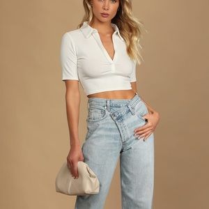 Lulus Hit the Court White Ribbed Collared Crop Top